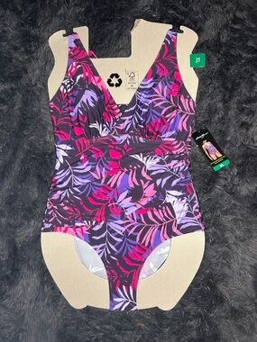 Eddie Bauer Purple Pink Leaf-Print Swim Bodysuit